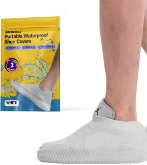 2 pairs Waterproof Shoe Covers, Anti-Slip Water Resistant Overshoes Silicone Rubber Rain Shoe Cover Outdoor cycling Protectors apply to Men, Women, Kids (White), Medium