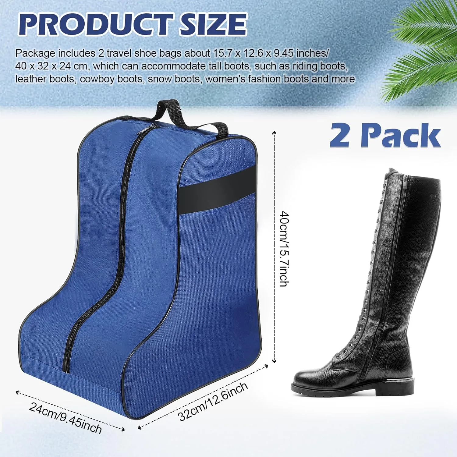 2 Pcs Boot Bags for Cowboy Boots Portable Storage Bag for Travel Long Tube Shoes Bags Men Tall Shoe with Handle for Home Travel (Dark Blue)