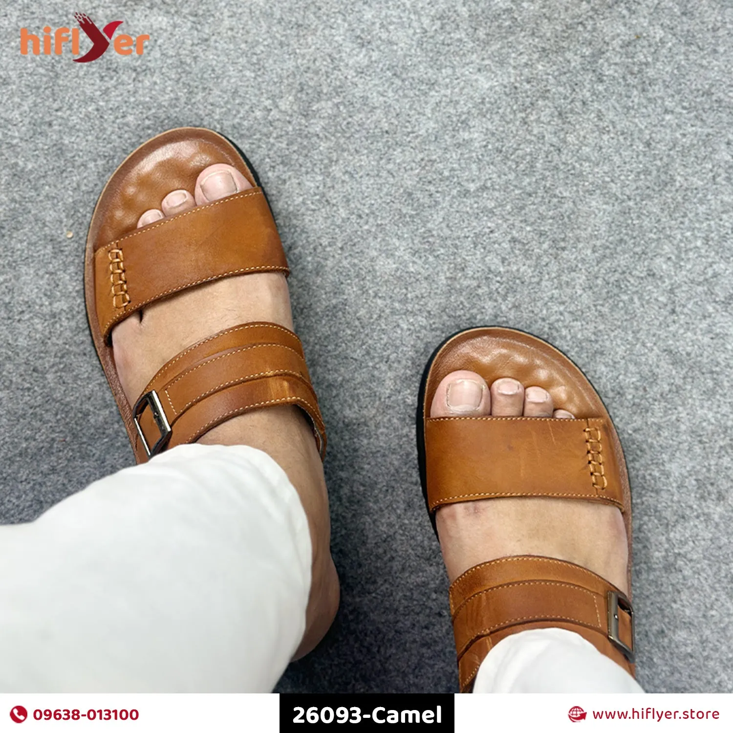26093-Camel Genuine Cow Leather Premium High-Quality Slip-On Rubber Sandal For Men