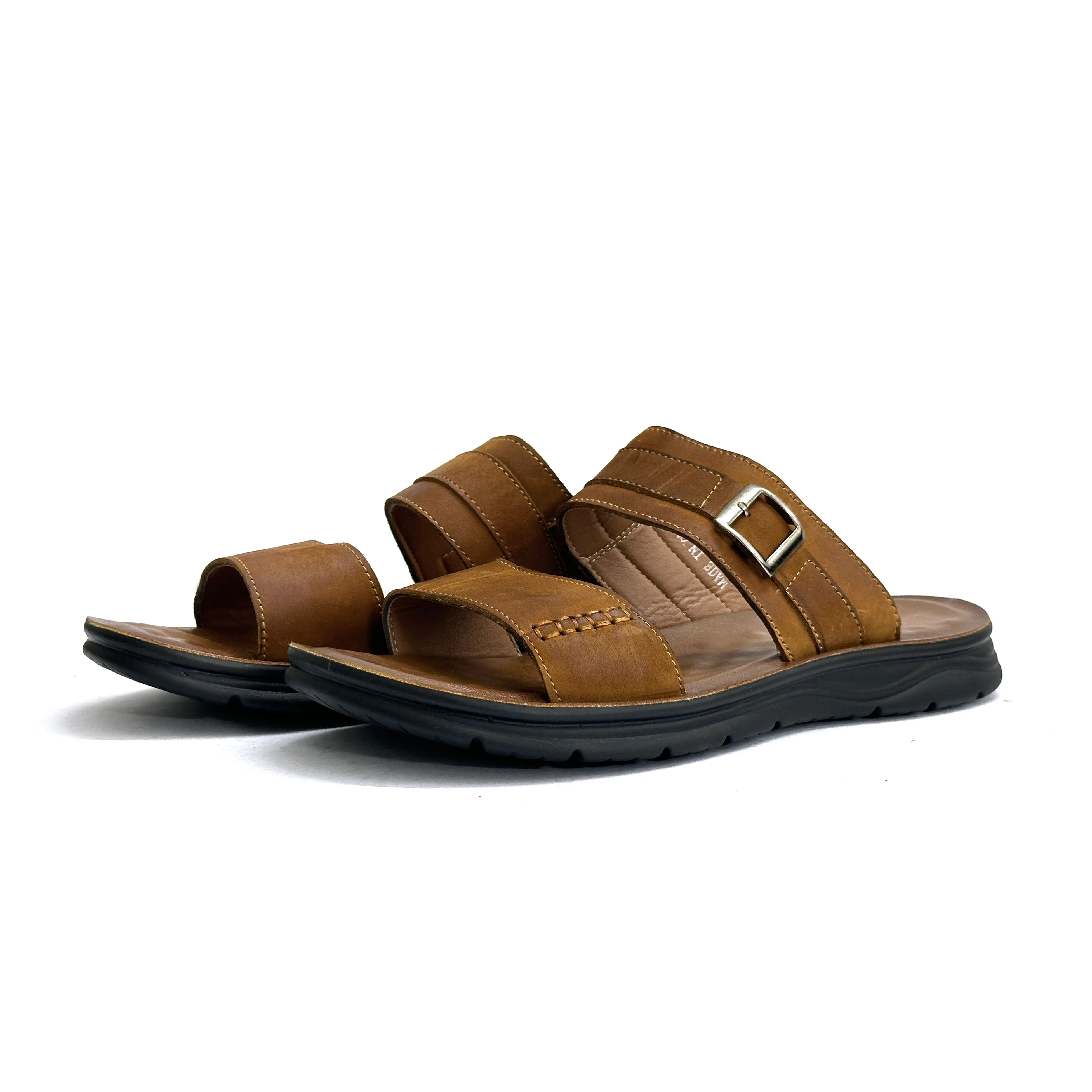 26093-Camel Genuine Cow Leather Premium High-Quality Slip-On Rubber Sandal For Men