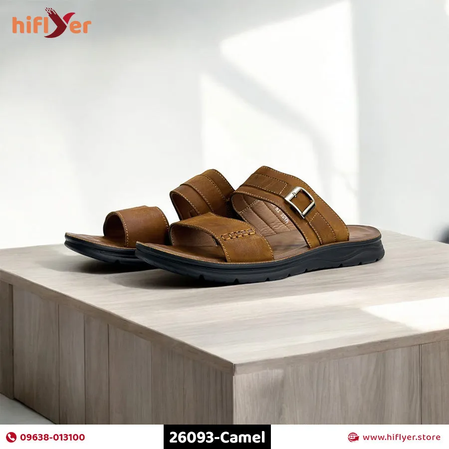 26093-Camel Genuine Cow Leather Premium High-Quality Slip-On Rubber Sandal For Men