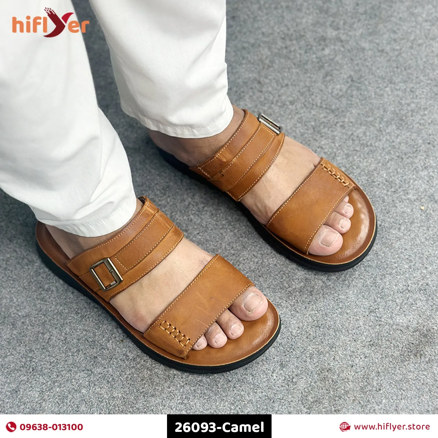 26093-Camel Genuine Cow Leather Premium High-Quality Slip-On Rubber Sandal For Men