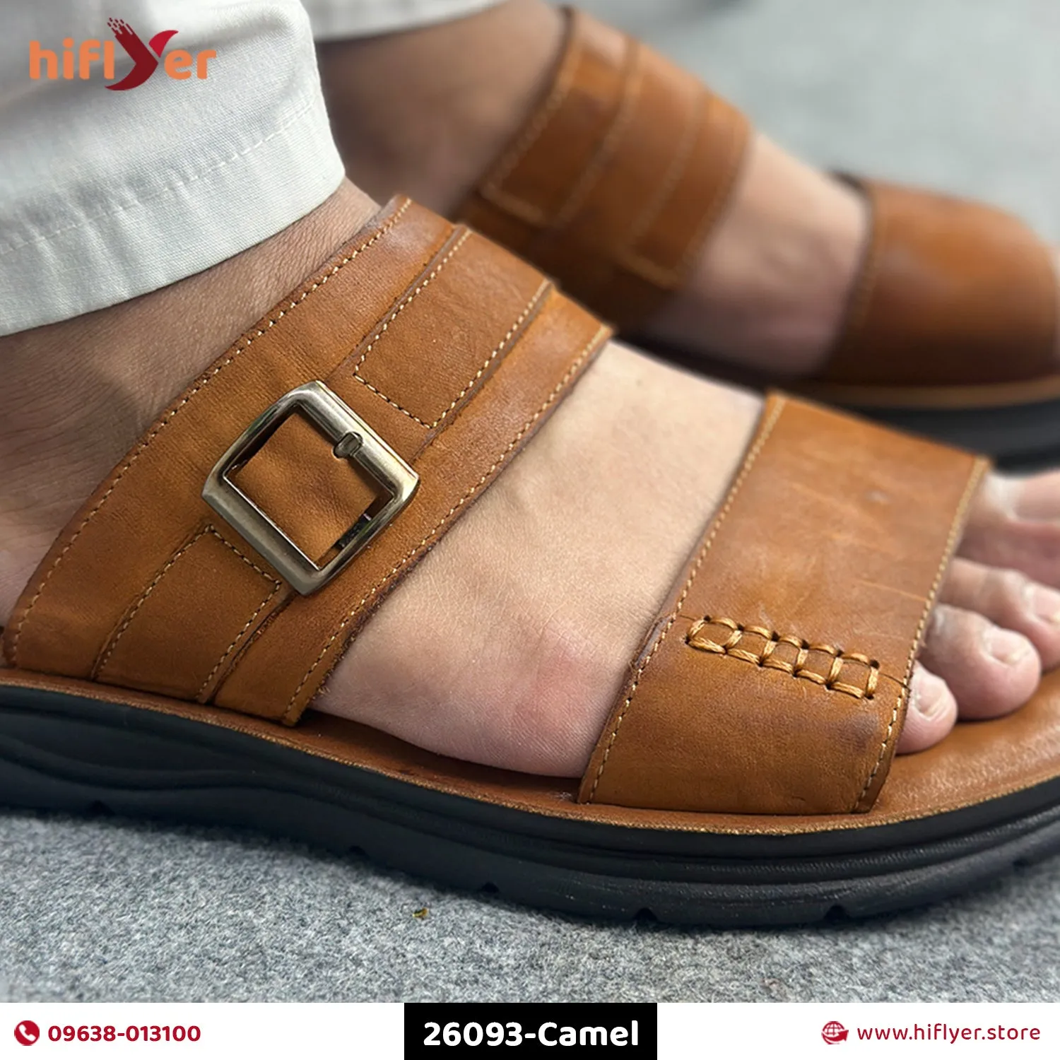 26093-Camel Genuine Cow Leather Premium High-Quality Slip-On Rubber Sandal For Men