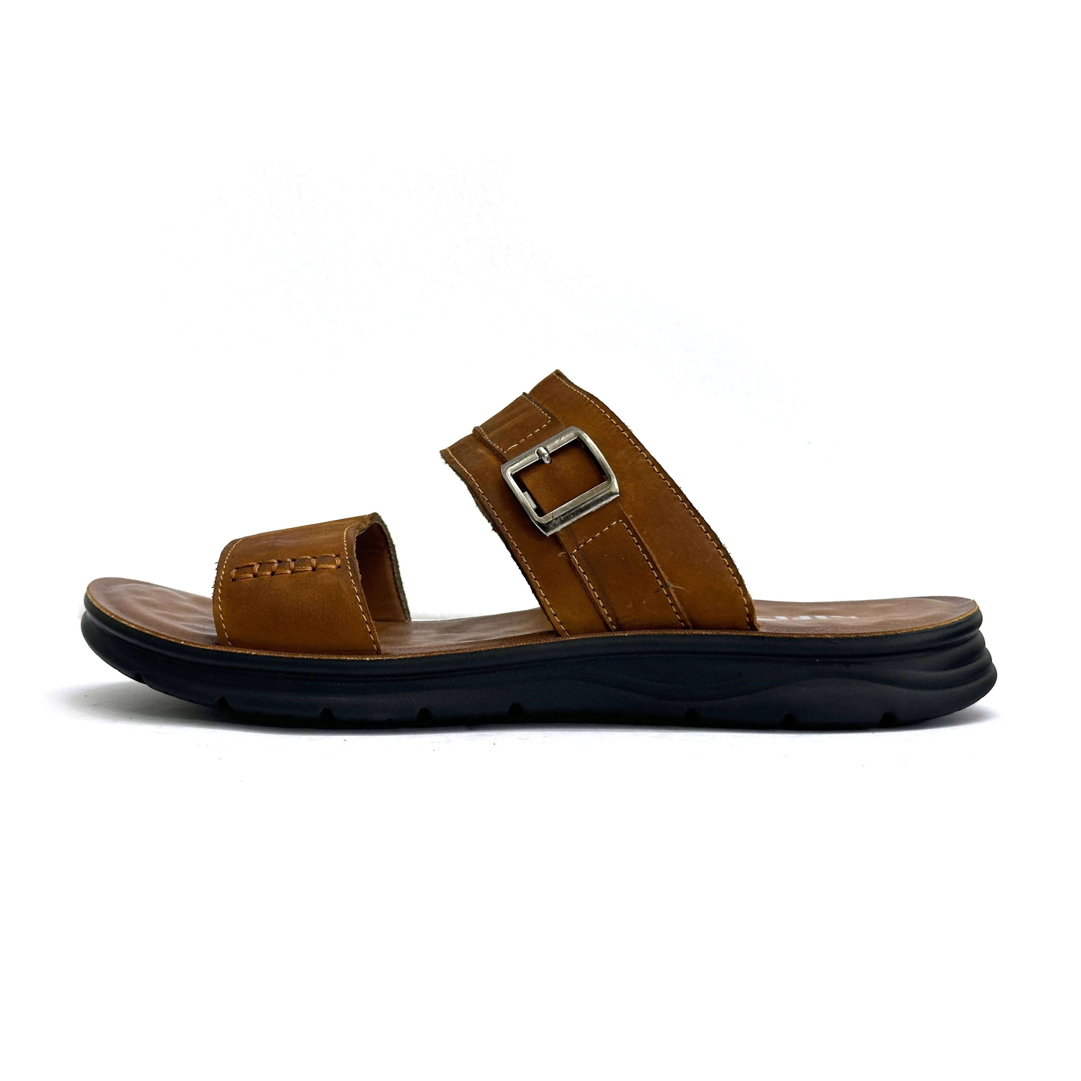 26093-Camel Genuine Cow Leather Premium High-Quality Slip-On Rubber Sandal For Men