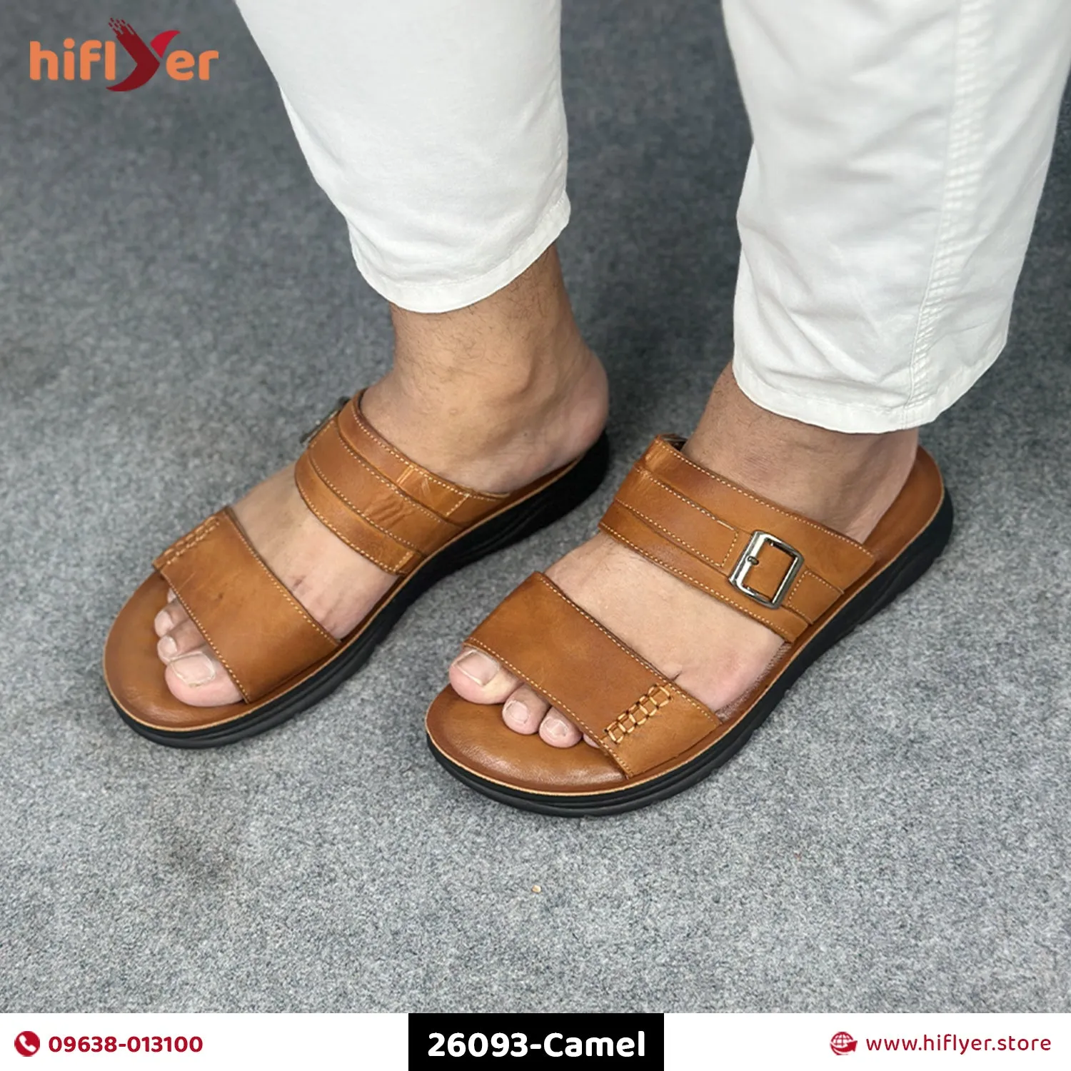 26093-Camel Genuine Cow Leather Premium High-Quality Slip-On Rubber Sandal For Men