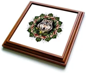 3dRose A Timber Wolf Surrounded by Ladys Slipper Minnesota State Tattoo Art - Trivets (trv-384060-1)