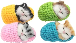 4Pcs Sleeping Cat in Slipper Doll Toy, Mini Kitten in Shoe with Meows Sounds Decor Hand Toy Gift for Kids Boys Girls