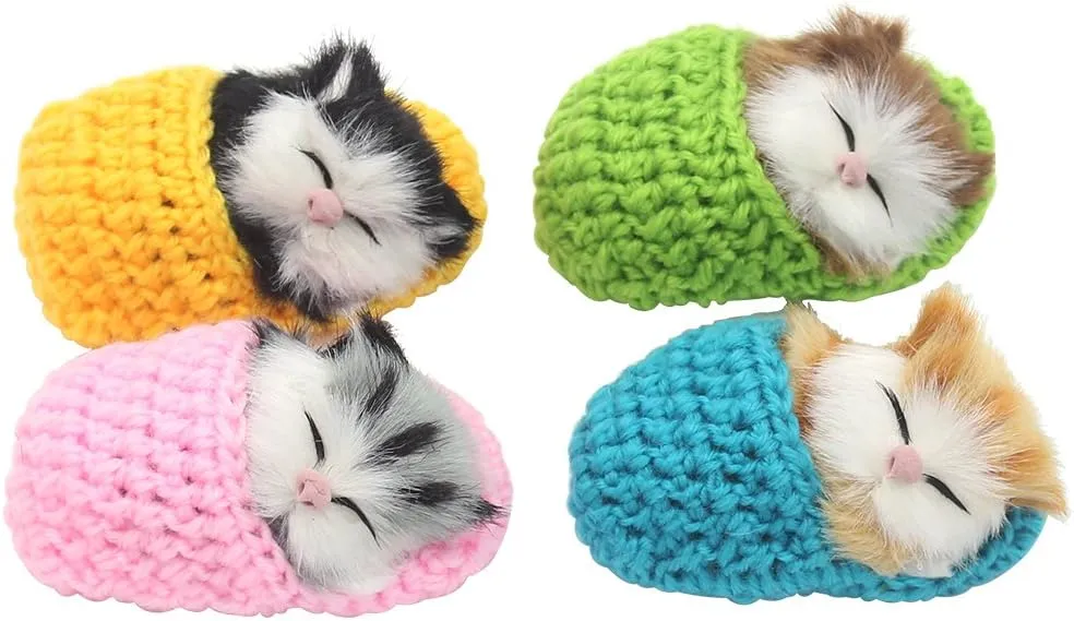 4Pcs Sleeping Cat in Slipper Doll Toy, Mini Kitten in Shoe with Meows Sounds Decor Hand Toy Gift for Kids Boys Girls