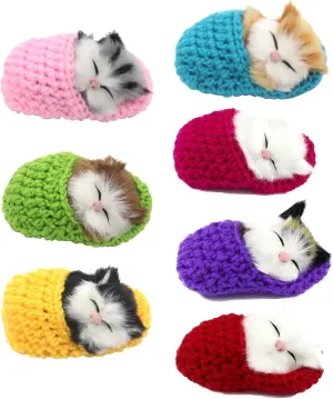 7Pcs Sleeping Cat in Slipper Doll Toy, Mini Kitten in Shoe with Meows Sounds Decor Hand Toy Gift for Kids Boys Girls