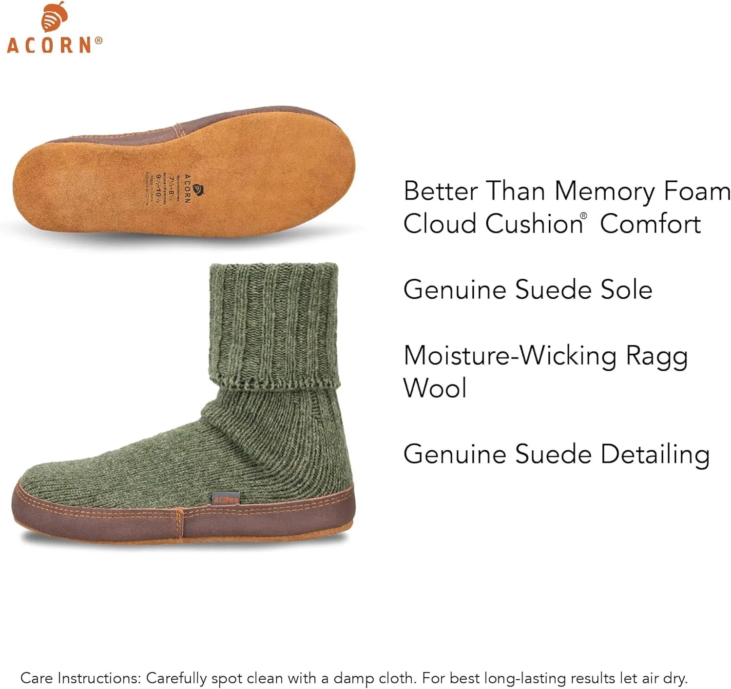 Acorn Mens and Womens Original Slipper Socks - Cloud Cushion, Ragg Wool, Moisture-Wicking, Suede Sole