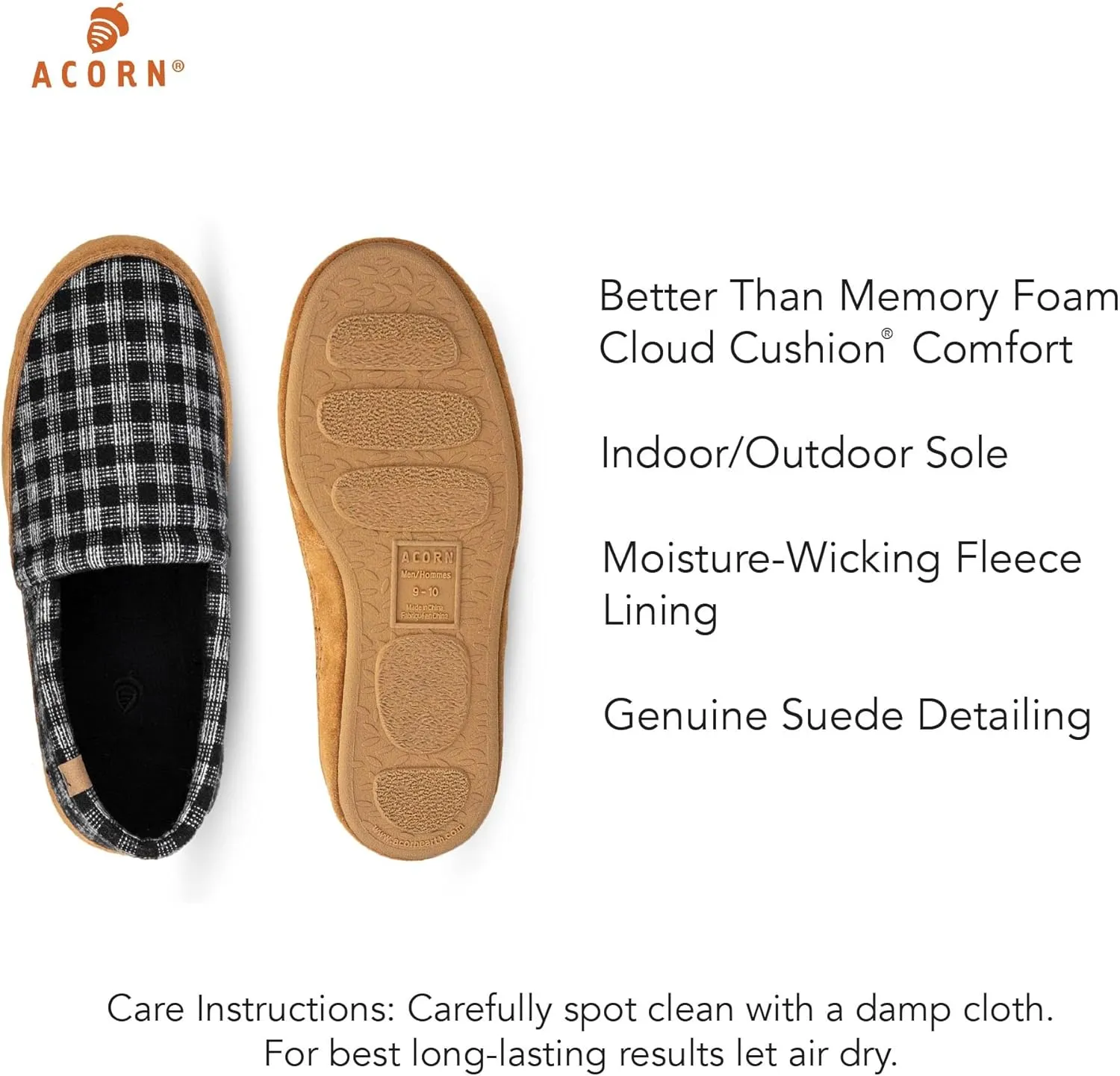 Acorn Men's Slippers with Memory Foam Insole Suede Sidewall and Rubber Outsole