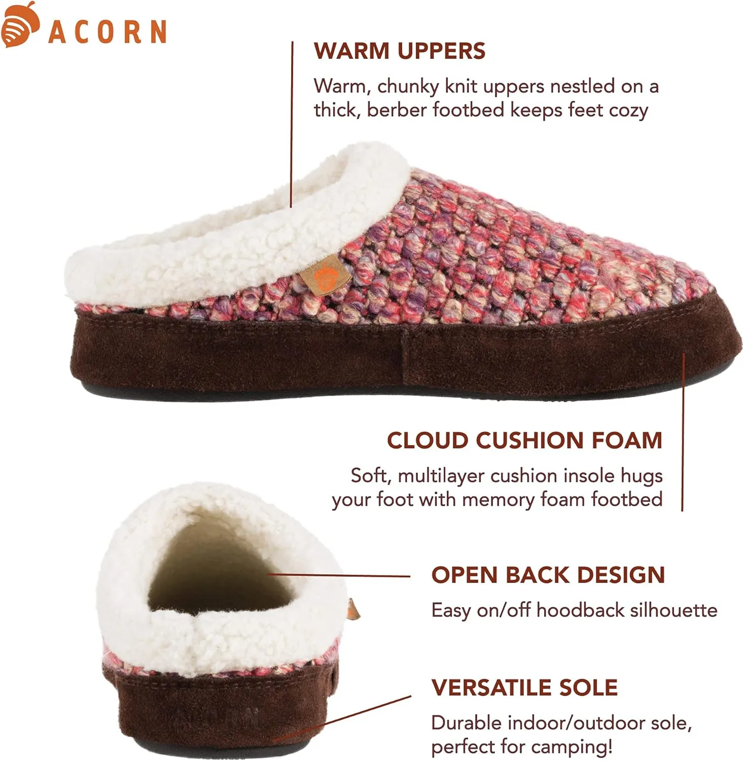 Acorn Womens Slipper with Berber Lining, Suede Siding and Durable Non-Slip Indoor/Outdoor Sole