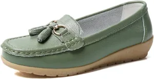AIFLM Womens Leather Loafer Moccasin Slip on Driving Nurse Walking Working Shoes Non Slip Casual Shoes Light Antiskid Flat Soled Bowknot