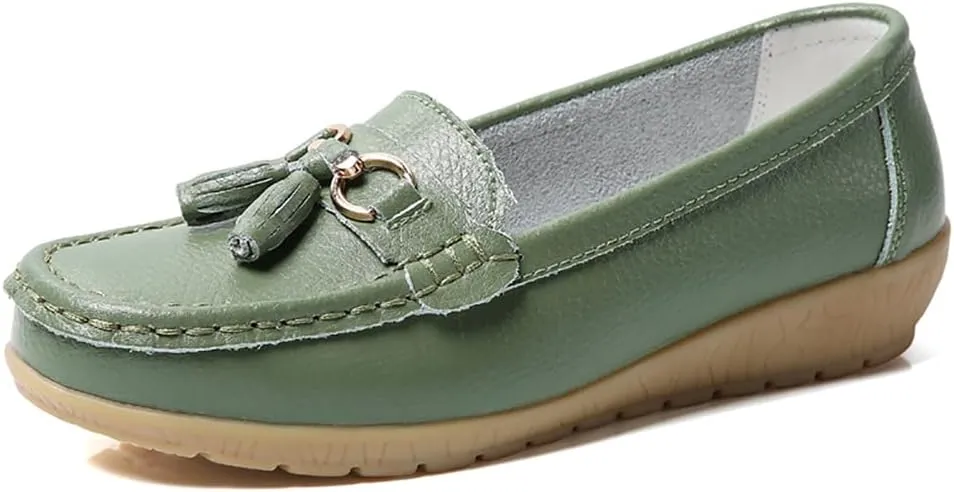 AIFLM Womens Leather Loafer Moccasin Slip on Driving Nurse Walking Working Shoes Non Slip Casual Shoes Light Antiskid Flat Soled Bowknot
