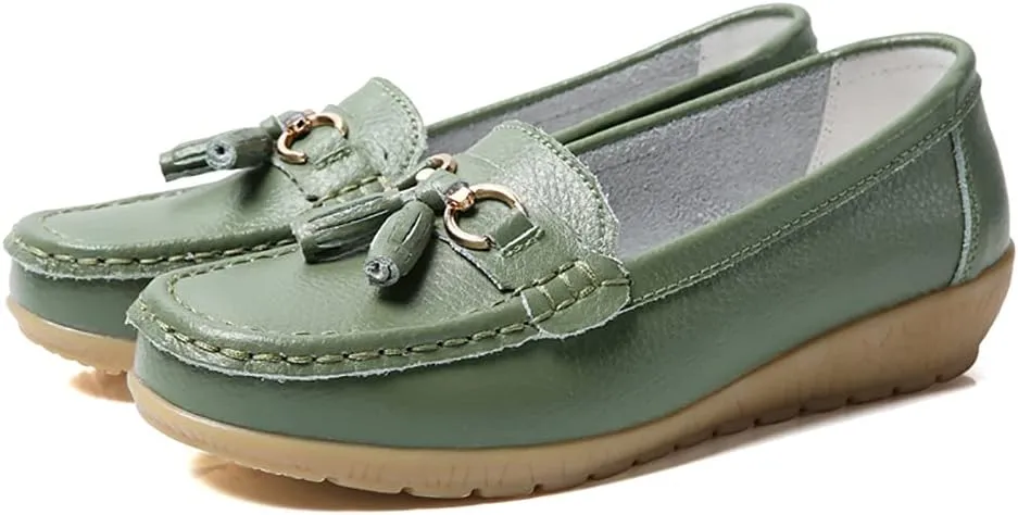 AIFLM Womens Leather Loafer Moccasin Slip on Driving Nurse Walking Working Shoes Non Slip Casual Shoes Light Antiskid Flat Soled Bowknot
