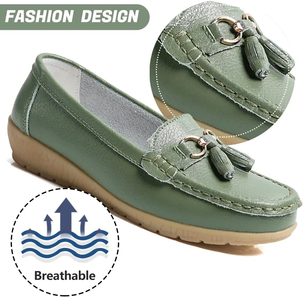 AIFLM Womens Leather Loafer Moccasin Slip on Driving Nurse Walking Working Shoes Non Slip Casual Shoes Light Antiskid Flat Soled Bowknot