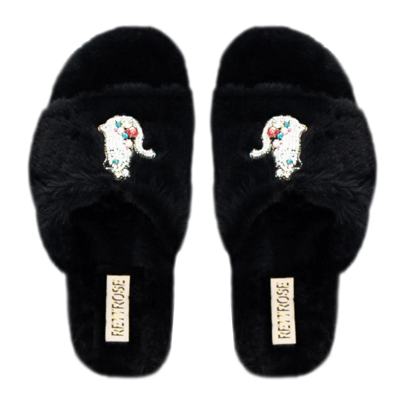 Alexandra Black Luxury Plush Diamanté Embellished Handmade Slipper