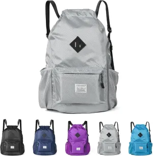 ALUSBELL Large Drawstring Backpack Bag, Sports Gym Bag String Sackpack with Shoes Compartment, Waterproof String Bag Cinch for Women Men(Gray)