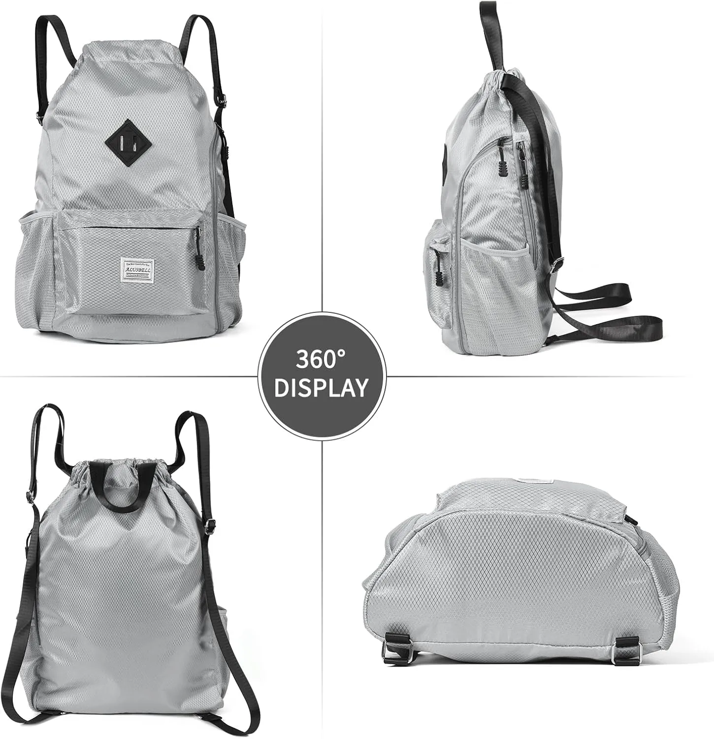 ALUSBELL Large Drawstring Backpack Bag, Sports Gym Bag String Sackpack with Shoes Compartment, Waterproof String Bag Cinch for Women Men(Gray)