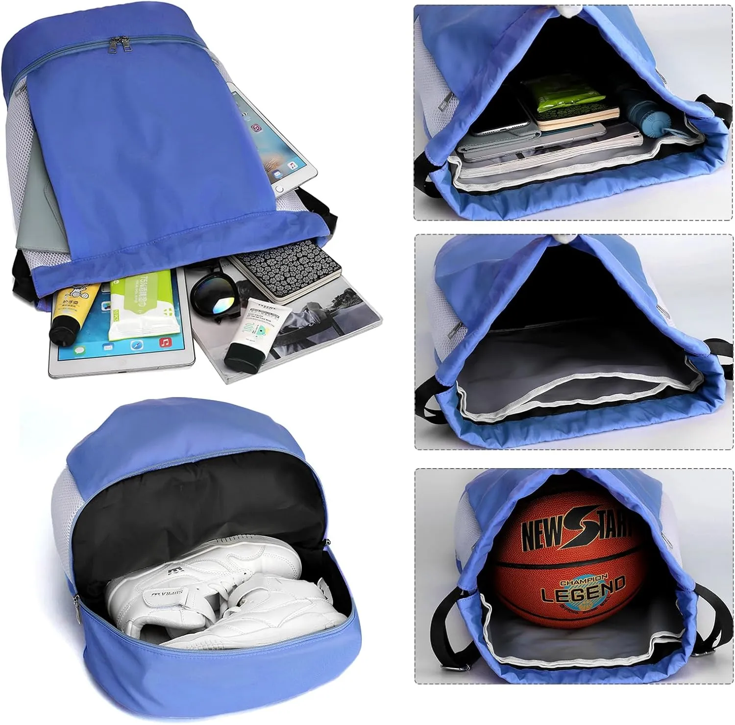 ALUSBELL Large Drawstring Backpack Sports Gym Sackpack Basketball Bag String Bag Cinch Beach Swim Bag for Women Men,Blue