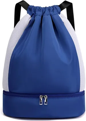 ALUSBELL Large Drawstring Backpack Sports Gym Sackpack Basketball Bag String Bag Cinch Beach Swim Bag for Women Men,Blue