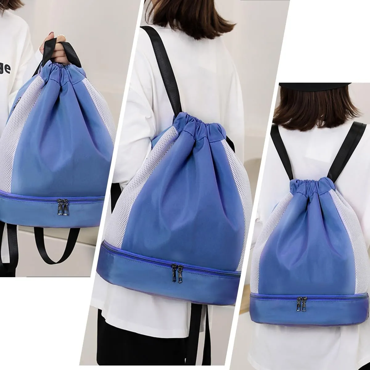 ALUSBELL Large Drawstring Backpack Sports Gym Sackpack Basketball Bag String Bag Cinch Beach Swim Bag for Women Men,Blue