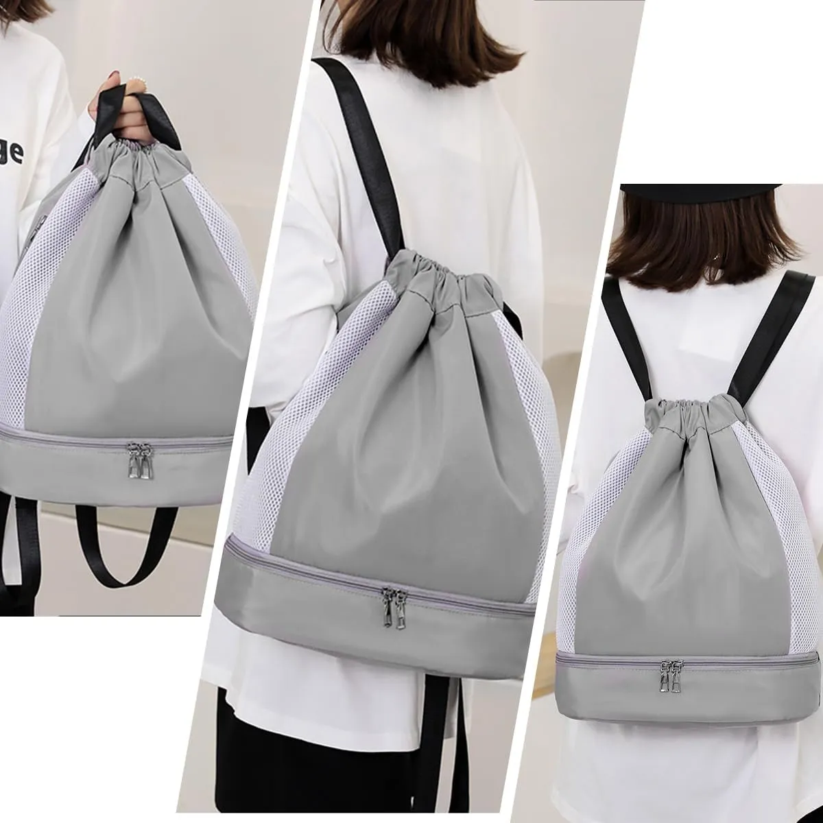 ALUSBELL Large Drawstring Backpack Sports Gym Sackpack Basketball Bag String Bag Cinch Beach Swim Bag for Women Men,Gray