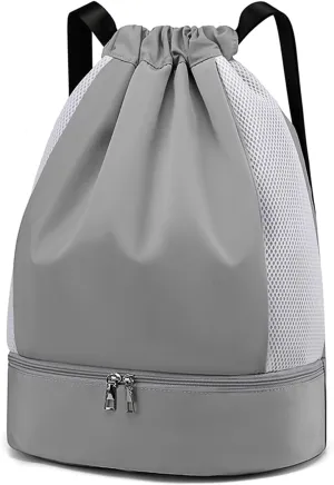 ALUSBELL Large Drawstring Backpack Sports Gym Sackpack Basketball Bag String Bag Cinch Beach Swim Bag for Women Men,Gray