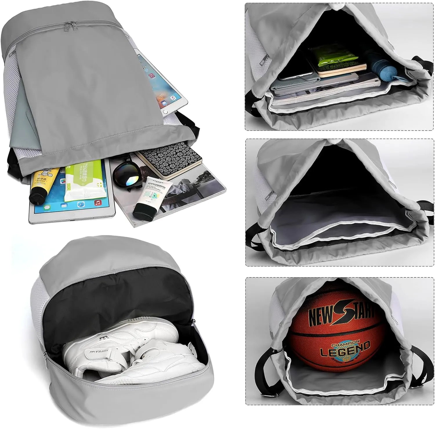ALUSBELL Large Drawstring Backpack Sports Gym Sackpack Basketball Bag String Bag Cinch Beach Swim Bag for Women Men,Gray
