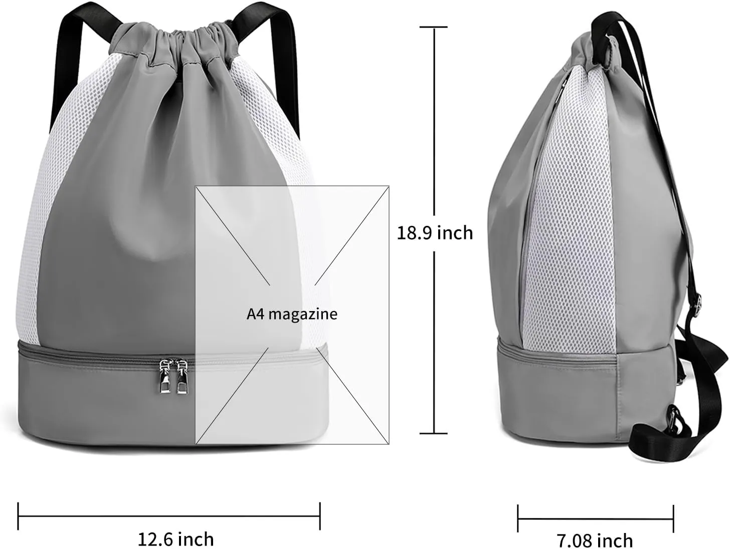 ALUSBELL Large Drawstring Backpack Sports Gym Sackpack Basketball Bag String Bag Cinch Beach Swim Bag for Women Men,Gray
