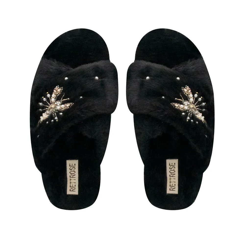 Anastasia Black Luxury Plush Diamanté Embellished Handmade Slipper