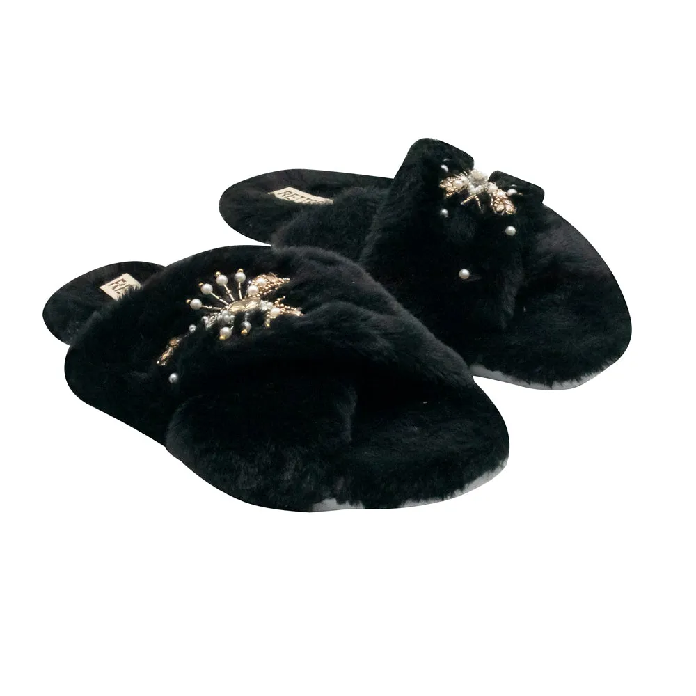 Anastasia Black Luxury Plush Diamanté Embellished Handmade Slipper