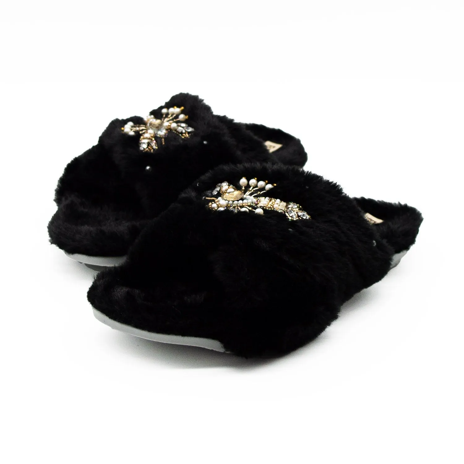 Anastasia Black Luxury Plush Diamanté Embellished Handmade Slipper