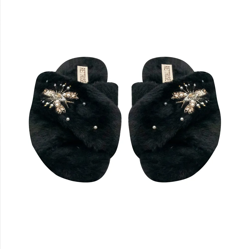 Anastasia Black Luxury Plush Diamanté Embellished Handmade Slipper