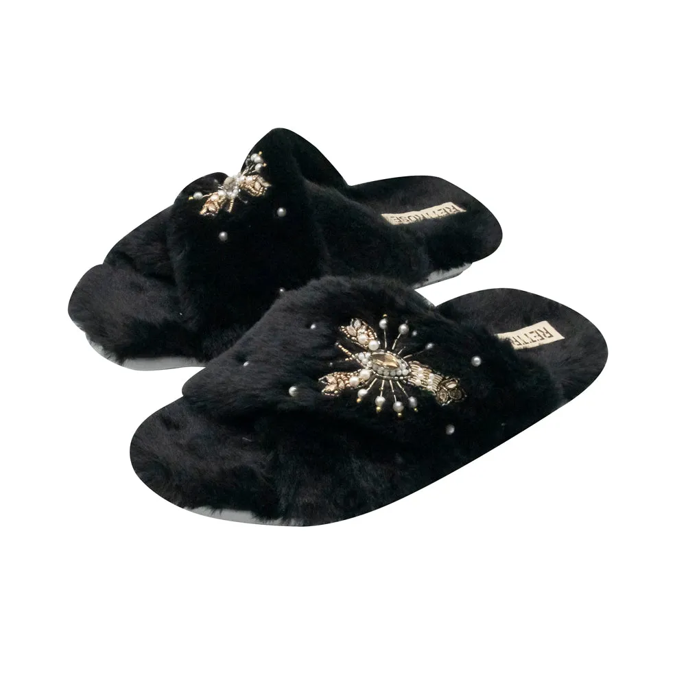 Anastasia Black Luxury Plush Diamanté Embellished Handmade Slipper