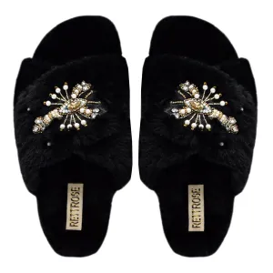 Anastasia Black Luxury Plush Diamanté Embellished Handmade Slipper