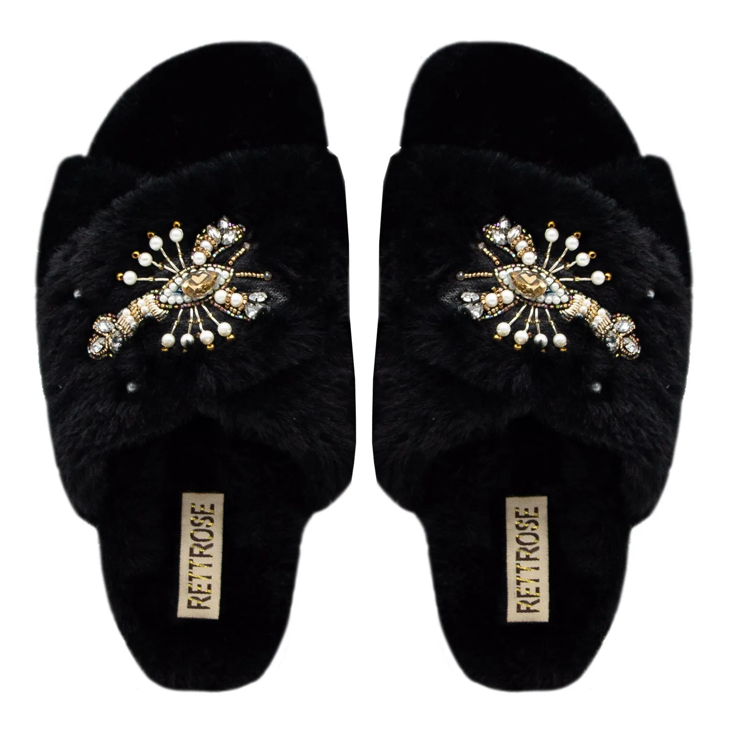 Anastasia Black Luxury Plush Diamanté Embellished Handmade Slipper