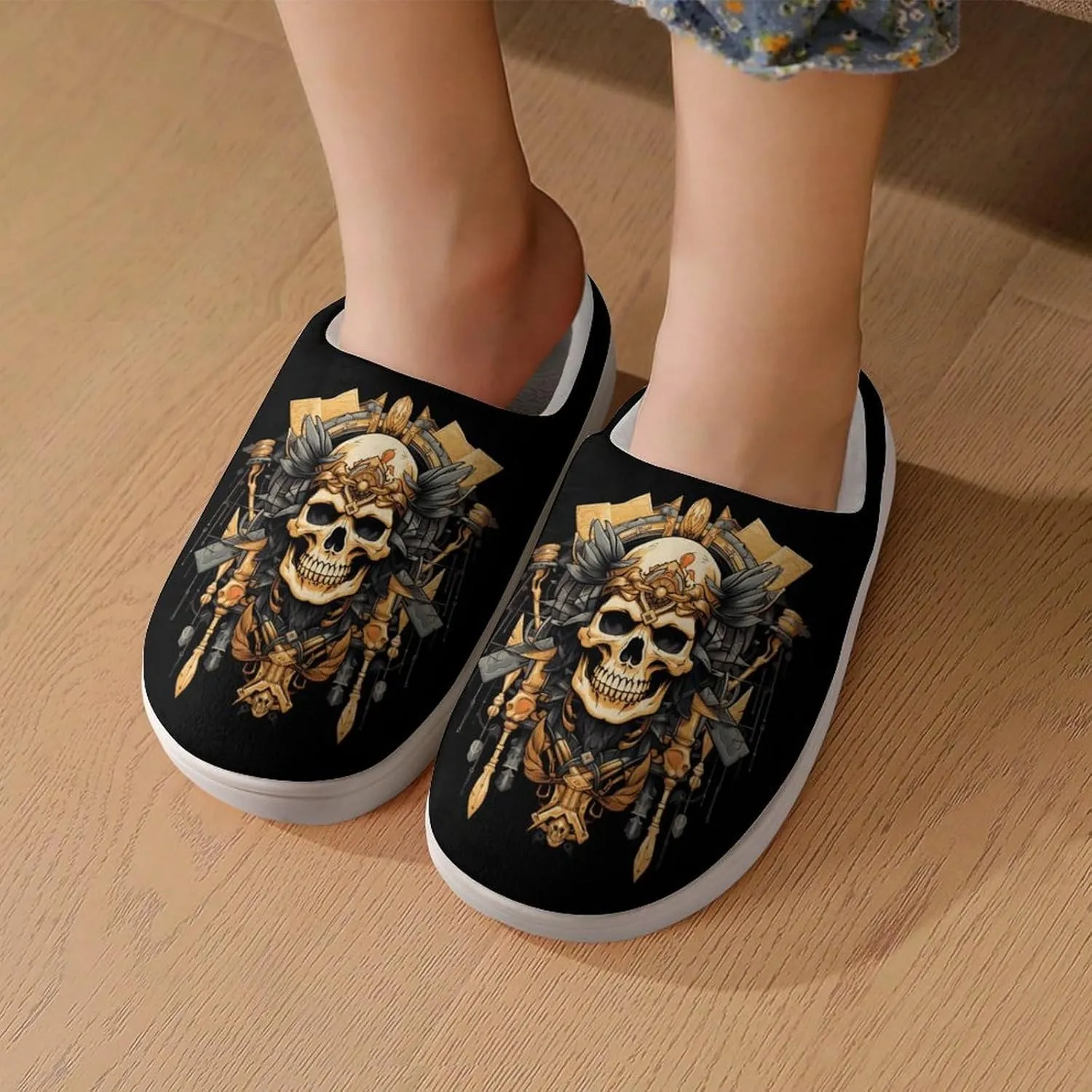 Ancient Art Skull Kids Slippers for Girls Boys Winter Warm Plush Slip On House Slippers for Indoor Outdoor