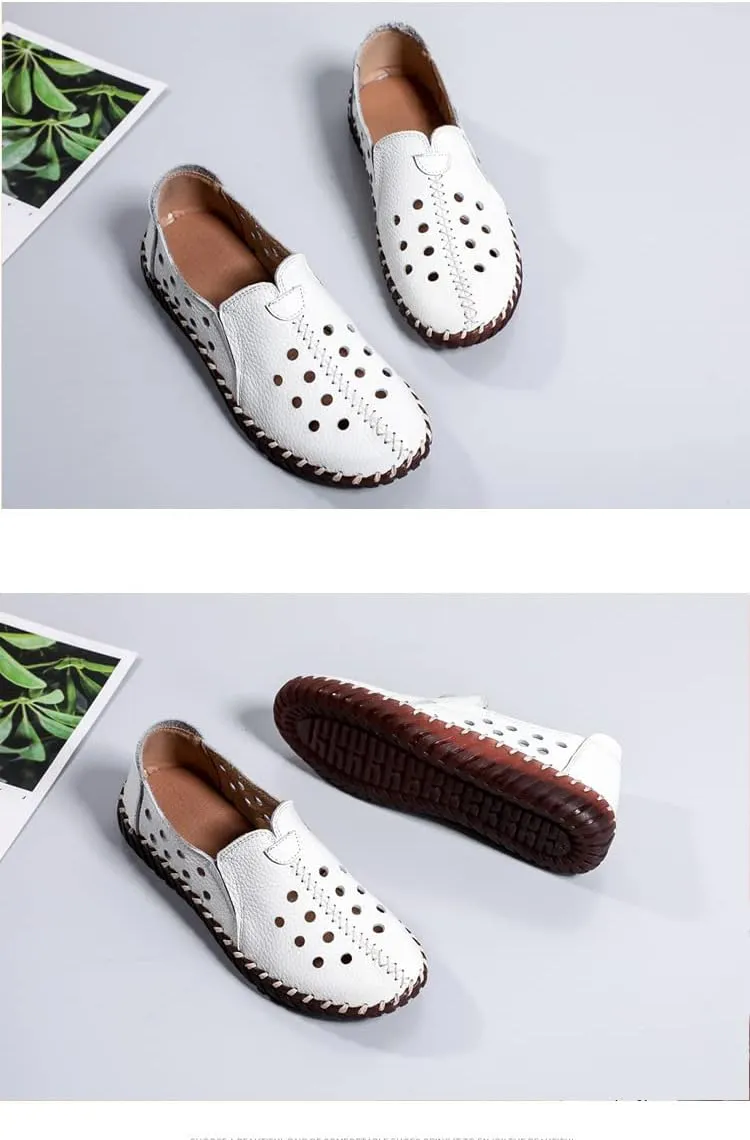 AngryMonkey Women's Leather Flat Slip on Loafers, Round Toe Soft Bottom Breathable Non-Slip Good Arch Walking Shoes Nurse Shoes