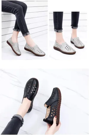 AngryMonkey Women's Leather Flat Slip on Loafers, Round Toe Soft Bottom Breathable Non-Slip Good Arch Walking Shoes Nurse Shoes