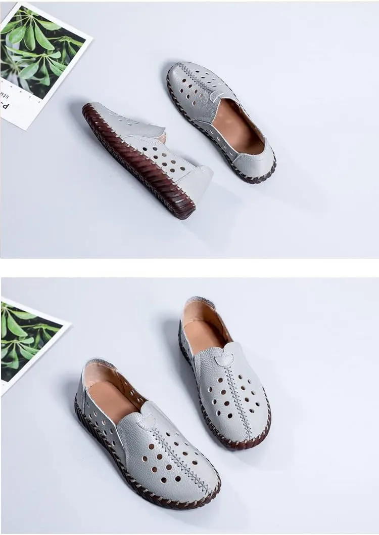 AngryMonkey Women's Leather Flat Slip on Loafers, Round Toe Soft Bottom Breathable Non-Slip Good Arch Walking Shoes Nurse Shoes