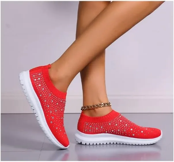 AngryMonkey Women's Rhinestones Mesh Sport Slip-on Shoes,Non Slip Good Arch Breathable Lightweight Casual Sock Sneaker Nurse Shoes