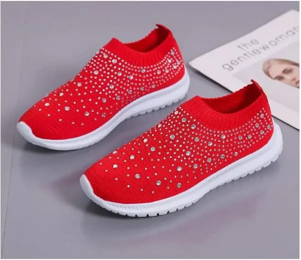 AngryMonkey Women's Rhinestones Mesh Sport Slip-on Shoes,Non Slip Good Arch Breathable Lightweight Casual Sock Sneaker Nurse Shoes