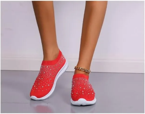 AngryMonkey Women's Rhinestones Mesh Sport Slip-on Shoes,Non Slip Good Arch Breathable Lightweight Casual Sock Sneaker Nurse Shoes