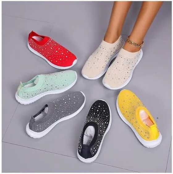 AngryMonkey Women's Rhinestones Mesh Sport Slip-on Shoes,Non Slip Good Arch Breathable Lightweight Casual Sock Sneaker Nurse Shoes