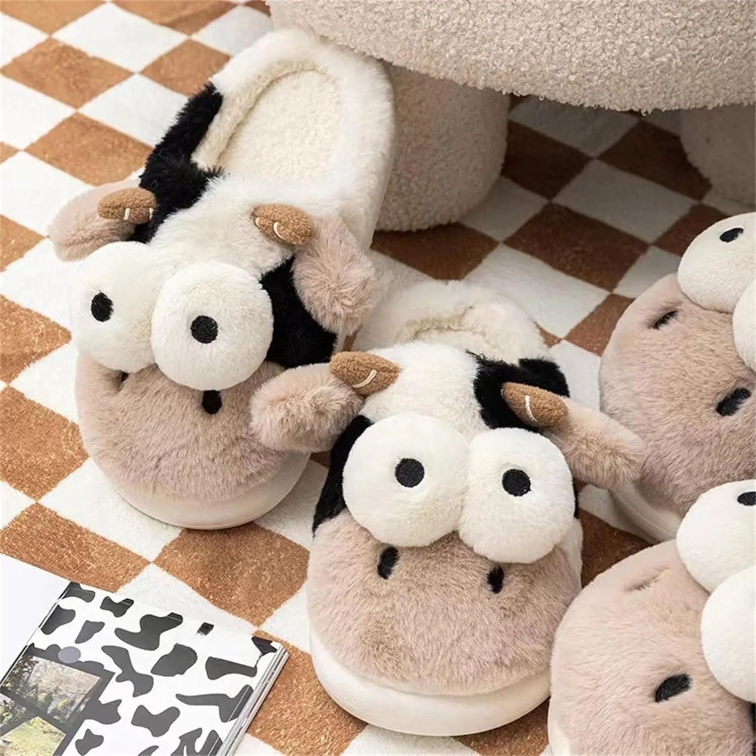 Animal Cow Slippers Women Slippers Men's Cozy Plush House Slippers Warm Winter Cotton Shoes