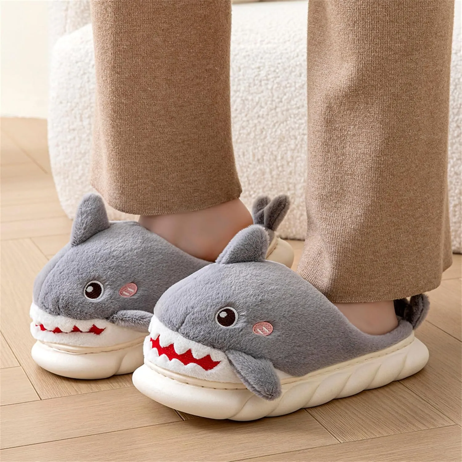Animal slippers for Women Men Cute Shark Slippers Cozy adult home winter fuzzy cotton slippers