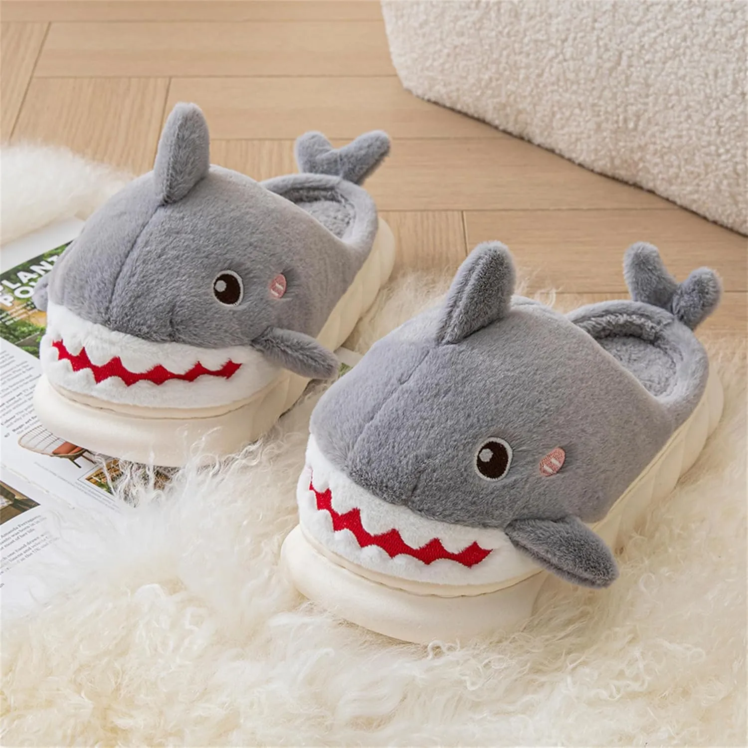 Animal slippers for Women Men Cute Shark Slippers Cozy adult home winter fuzzy cotton slippers