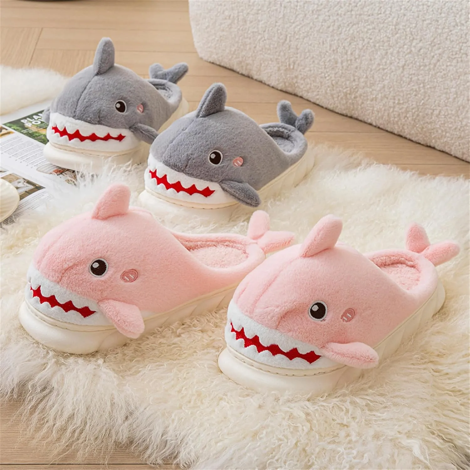 Animal slippers for Women Men Cute Shark Slippers Cozy adult home winter fuzzy cotton slippers