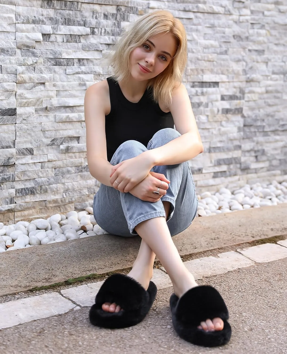 Ankis Womens’s Slippers Comfy Memory Foam House Open Toe Fuzzy Slipper Plush Indoor Outdoor Slide Furry Platform Fur Lined Shoes